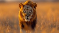 Majestic male lion with golden mane illuminated by warm sunset light, standing alert in tall dry savanna grass against blurred orange background. Wildlife photography.