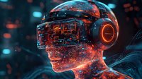 Futuristic profile of glowing orange and blue virtual reality headset user with digital circuit patterns and particle effects against dark background.