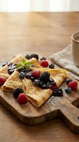 Golden crepes filled with fresh berries including raspberries, blueberries and blackberries on rustic wooden board with coffee cup for breakfast menu.