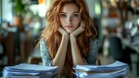 Young redhead woman with long wavy hair resting head on hands while sitting at desk with stack of papers, expressing tiredness and contemplation in office setting.