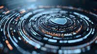 Futuristic circular interface with glowing heart symbol surrounded by digital data rings and orange accents on dark background, representing healthcare technology.