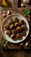 Homemade meatballs with fresh herbs in rustic ceramic bowl on wooden cutting board, surrounded by garlic cloves and parsley for cooking and recipe content.