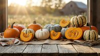 Autumn harvest display of fresh pumpkins and squash varieties on rustic wooden table with warm sunlight streaming through window for seasonal decor.