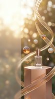 Luxury perfume bottle on golden pedestal with flowing ribbons and floating bubbles in warm bokeh light for cosmetic advertising and beauty campaigns.