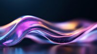 Flowing abstract waves in purple, pink and blue colors with glowing light effects and particles creating dynamic motion on dark background.