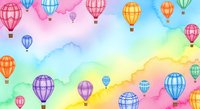 Colorful hot air balloons floating over a pastel rainbow watercolor sky, creating a dreamy festive background for cards and decor.