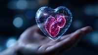 Glowing anatomical heart encased in crystal heart shape floating above open palm against dark background with bokeh lights. Medical concept visualization.