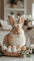 Adorable light brown bunny with upright ears sitting behind Easter basket with decorated eggs and spring flowers in cozy home interior.