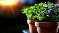 Aromatic herbs and flowering plants in terracotta pots at sunset, creating a warm ambiance for home gardening or culinary use.