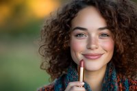 Young woman with curly brown hair and freckles smiling while holding lipstick against blurred autumn background, wearing cozy knit scarf. Natural beauty and cosmetics concept.
