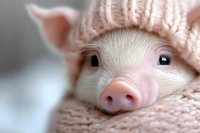 Adorable pink piglet wrapped in soft knitted sweater close-up portrait showing sweet snout and bright eyes against blurred background.