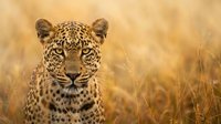 Majestic leopard portrait with intense golden eyes in natural savanna grassland habitat during golden hour light for wildlife photography and nature content.