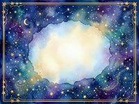 Mystical night sky frame with golden ornate border, crescent moon and stars surrounding ethereal cloud center for celestial designs and spiritual content.