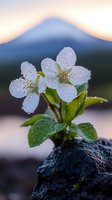 Fresh white cherry blossoms with morning dew drops against blurred mountain backdrop, delicate petals and green leaves emerging from dark rock formation.
