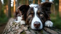 Border Collie dog with expressive eyes resting head on fallen tree trunk in forest setting, creating serene outdoor pet portrait.