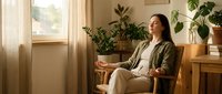 Young woman relaxing in cozy living room with houseplants enjoying peaceful morning light through window creating serene home atmosphere.
