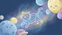 Cute cat constellation floating in dreamy space with kawaii planets and smiling celestial bodies in pastel colors against starry night sky background.