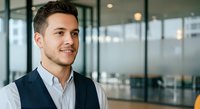 Young professional male with light skin tone and dark hair wearing business casual attire in modern office environment with glass partitions and natural lighting.