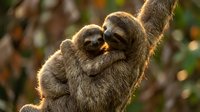 Mother sloth tenderly embracing baby sloth in tropical rainforest canopy during golden hour sunlight for wildlife conservation and parenting concepts.