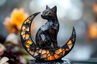 Geometric black cat sitting on ornate crescent moon with glowing orange light and bokeh background, modern art sculpture design for Halloween decor and mystical themes.