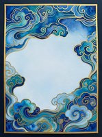 Blue ornate cloud frame with gold accents and swirling patterns creating decorative border on light background for luxury design projects and invitations.