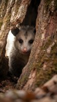 Young opossum peeking from tree hollow in natural forest habitat showing curious wildlife behavior and marsupial characteristics.