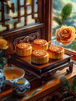 Traditional mooncakes on wooden serving tray with oriental tea set and orange rose by window, atmospheric lighting creates warm festive mood for Mid-Autumn Festival.