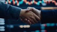 Business handshake between professionals in modern office environment with colorful bokeh lights background symbolizing partnership and agreement.
