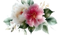 Delicate watercolor composition featuring pink and white peonies with soft green leaves and golden botanical elements on white background, suitable for wedding stationery.