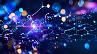 Abstract molecular structure with glowing connections and bokeh lights on dark blue background for science technology research presentations.