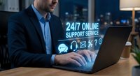 Professional businessman using laptop with 24/7 online support service holographic interface displaying customer service icons in modern office environment.