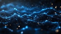 Glowing blue waves of light particles flow through dark space creating abstract network visualization with bokeh effect and sparkles in motion.