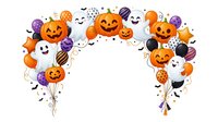 Festive Halloween balloon arch with carved pumpkin faces, ghost balloons, and purple accents arranged in curved formation on white background for seasonal party decorations.