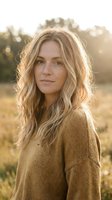 Young blonde woman in cozy sweater enjoying golden hour sunlight outdoors with warm natural lighting and soft bokeh background for lifestyle content.