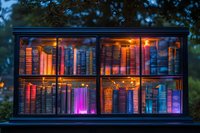 Illuminated bookshelf with vintage books glowing in vibrant neon colors against dark background, creating magical atmosphere for literature and reading concept.