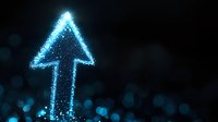 Glowing blue arrow pointing upward composed of luminous particles against dark background with bokeh effect, symbolizing growth, success and direction.