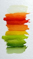 Vibrant watercolor brush strokes in warm gradient from pale yellow through orange, red, and green on white textured paper, creating an abstract colorful composition.