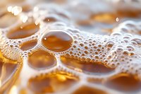 Macro photography of golden liquid with white foam bubbles creating abstract pattern. Natural soap suds texture with amber-colored background for cosmetic designs.