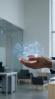 Businessman hands holding holographic network diagram with connected nodes in modern office environment for digital transformation concepts.