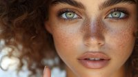 Close-up portrait of young Caucasian woman with striking green eyes, freckled skin and curly brown hair. Natural beauty concept for skincare and cosmetics.