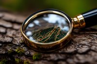 Magnifying glass with golden rim on tree bark examining dried herbs and moss, creating scientific exploration atmosphere. Natural investigation concept.
