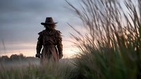 Silhouette of cowboy in hat standing in tall grass field at sunset with dramatic sky creating atmospheric western scene for outdoor adventure themes.