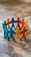 Colorful paper cutout figures holding hands in circle formation symbolizing unity, teamwork and social connection on textured background. For business concepts.