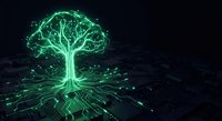 Digital tree with glowing green circuits and data streams on dark tech background for artificial intelligence and technology concepts.