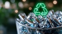 Glowing green recycling symbol above collection of used batteries in container. Environmental concept highlighting proper disposal and sustainability practices.