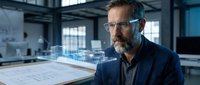 Middle-aged Caucasian male architect with beard and glasses examining holographic building model in modern office workspace for construction planning.