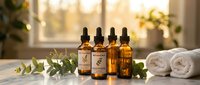 Four amber glass dropper bottles with natural skincare oils arranged on white towels beside eucalyptus branches in sunlit spa setting for wellness treatments.