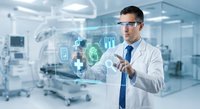 Male doctor in white coat using holographic medical technology interface in modern hospital operating room with digital healthcare icons and futuristic display.