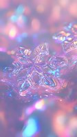 Crystal snowflake macro with soft pink and blue bokeh background creates magical winter atmosphere. Delicate frozen pattern glows with iridescent light.