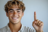 Young Caucasian male with curly blonde hair and bright smile pointing index finger up against light background, showing positive gesture and cheerful expression.